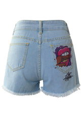 Lip Letter Print Ripped Raw Hem Denim Shorts