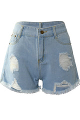 Lip Letter Print Ripped Raw Hem Denim Shorts