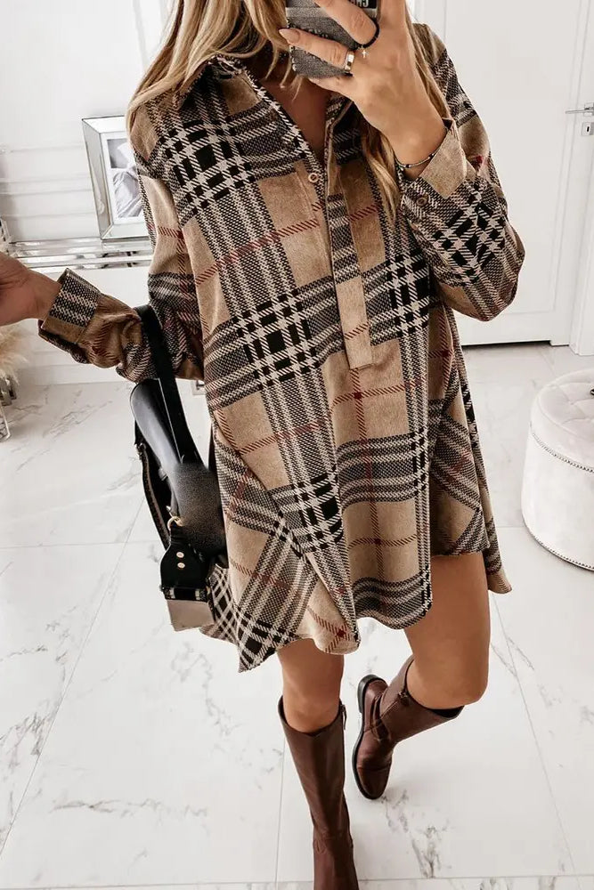 Plaid Long Sleeve Casual Shirt Dress