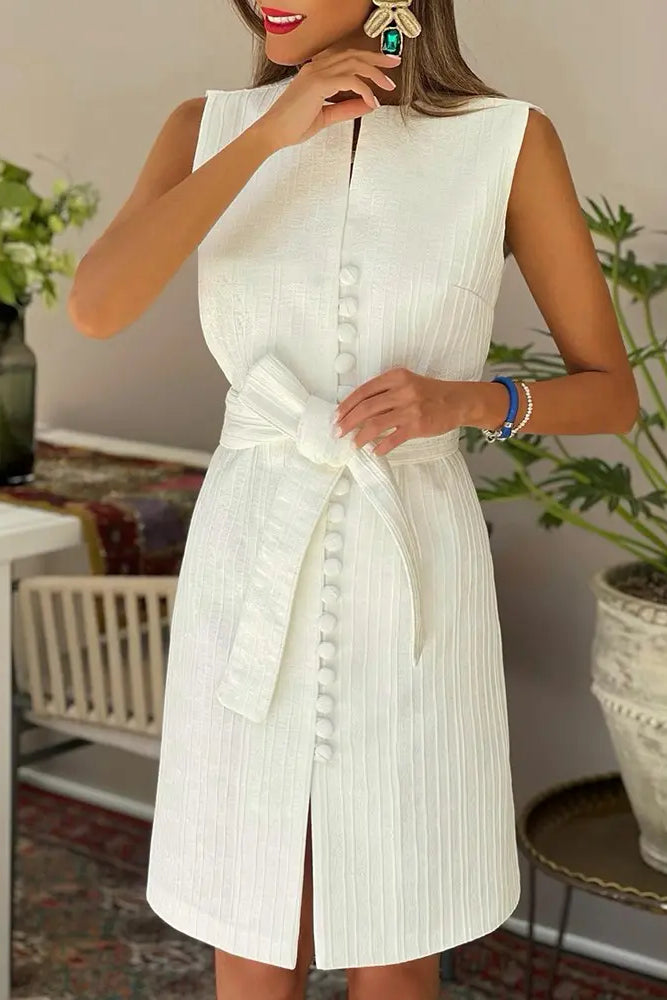 Sleeveless Buttoned Slit Work Dress