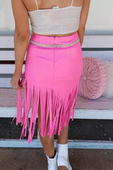 Pink Fringe Hemline Midi Skirt