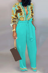 Baroque Geo Print Long Sleeve Belted Jumpsuit