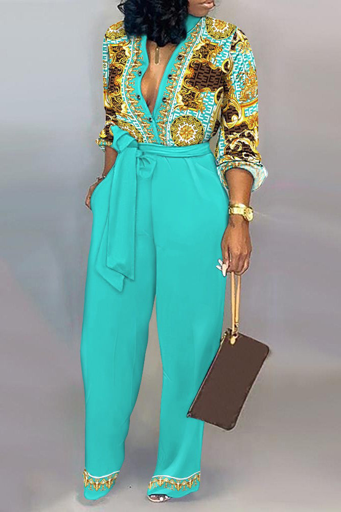 Baroque Geo Print Long Sleeve Belted Jumpsuit