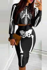 Halloween Skeleton Print Crop Top & Drawstring Skirt Set