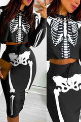 Halloween Skeleton Print Crop Top & Drawstring Skirt Set