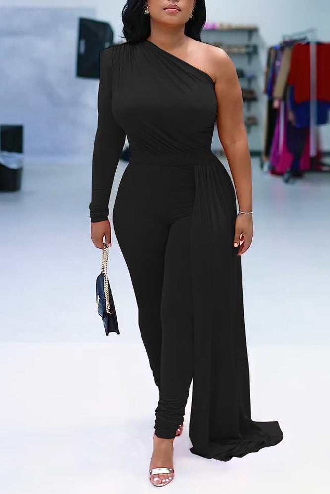 One Shoulder Draped Detail Ruched Jumpsuit