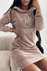 Letter Embroidery Velvet Hooded Sweatshirt Dress