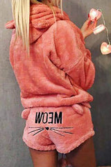 Embroidery Letter Cat Fluffy Hooded Pajamas Set