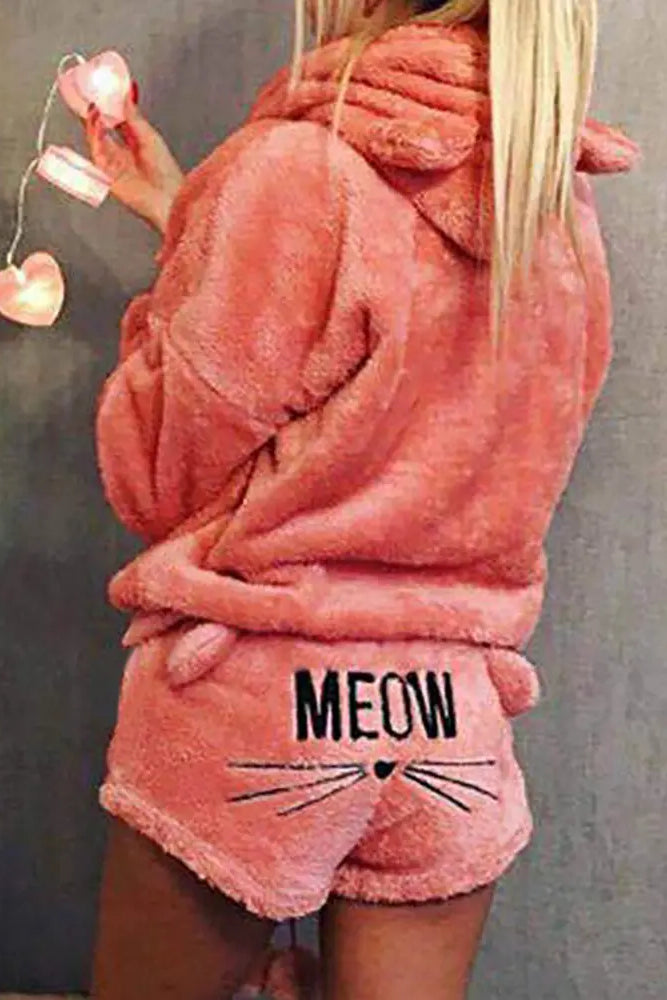 Embroidery Letter Cat Fluffy Hooded Pajamas Set