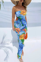 Bandeau Tropical Print Backless Slit Dress