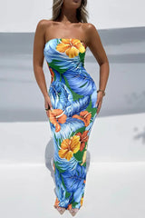 Bandeau Tropical Print Backless Slit Dress