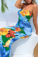 Bandeau Tropical Print Backless Slit Dress