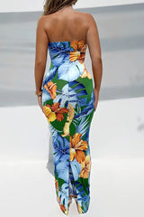 Bandeau Tropical Print Backless Slit Dress