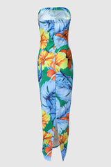 Bandeau Tropical Print Backless Slit Dress