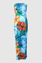 Bandeau Tropical Print Backless Slit Dress