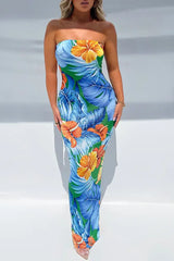 Bandeau Tropical Print Backless Slit Dress