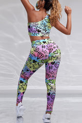 One Shoulder Cutout Allover Cartoon Print Active Sets