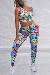 One Shoulder Cutout Allover Cartoon Print Active Sets