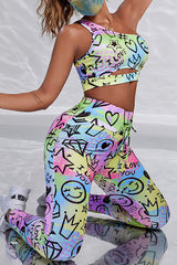 One Shoulder Cutout Allover Cartoon Print Active Sets