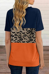 Colorblock Leopard Print Round Neck T-Shirt