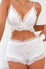 Contrast Mesh Frill Hem Tied Detail Lingerie Set