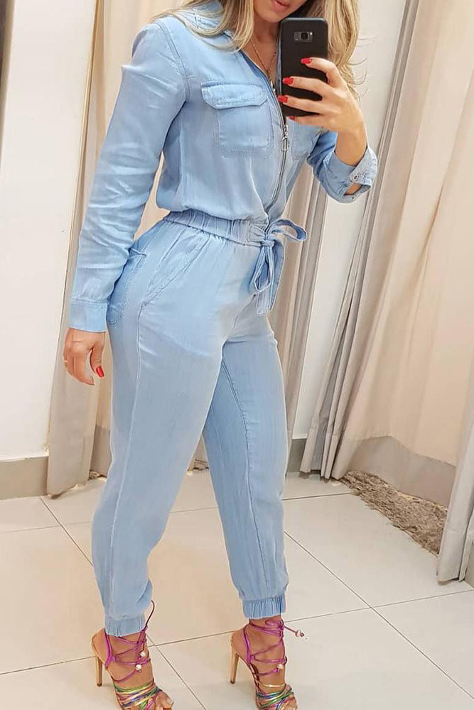 Zipper Pocket Design Denim Jumpsuit