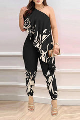 Plants Print One Shoulder Asymmetrical Ruffles Jumpsuit