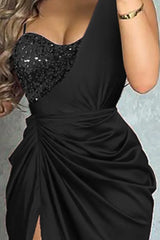 Satin Contrast Sequin Split Thigh Ruched Party Dress