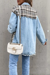 Plaid Panel Patch Button Front Raw Hem Denim Coat