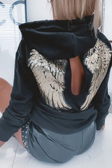 Sequin Wing Pattern Cutout Hooded Top