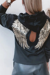 Sequin Wing Pattern Cutout Hooded Top