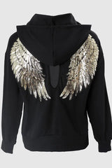 Sequin Wing Pattern Cutout Hooded Top