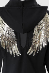 Sequin Wing Pattern Cutout Hooded Top