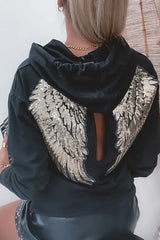 Sequin Wing Pattern Cutout Hooded Top