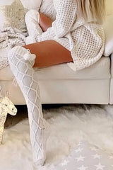 Braided Bowknot Decor Skinny Long Socks