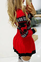 Christmas Reindeer Print Long Sleeve Pleated Dress