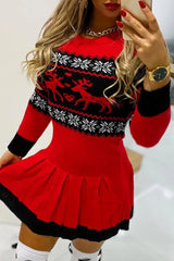 Christmas Reindeer Print Long Sleeve Pleated Dress