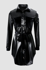 PU Leather Long Sleeve Button Down Shirt Dress