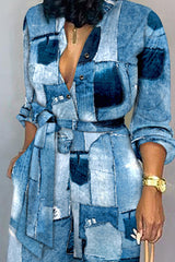 Denim Look Print Long Sleeve Belted Jumpsuit