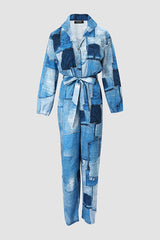 Denim Look Print Long Sleeve Belted Jumpsuit