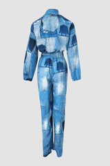 Denim Look Print Long Sleeve Belted Jumpsuit