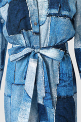 Denim Look Print Long Sleeve Belted Jumpsuit