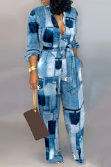 Denim Look Print Long Sleeve Belted Jumpsuit