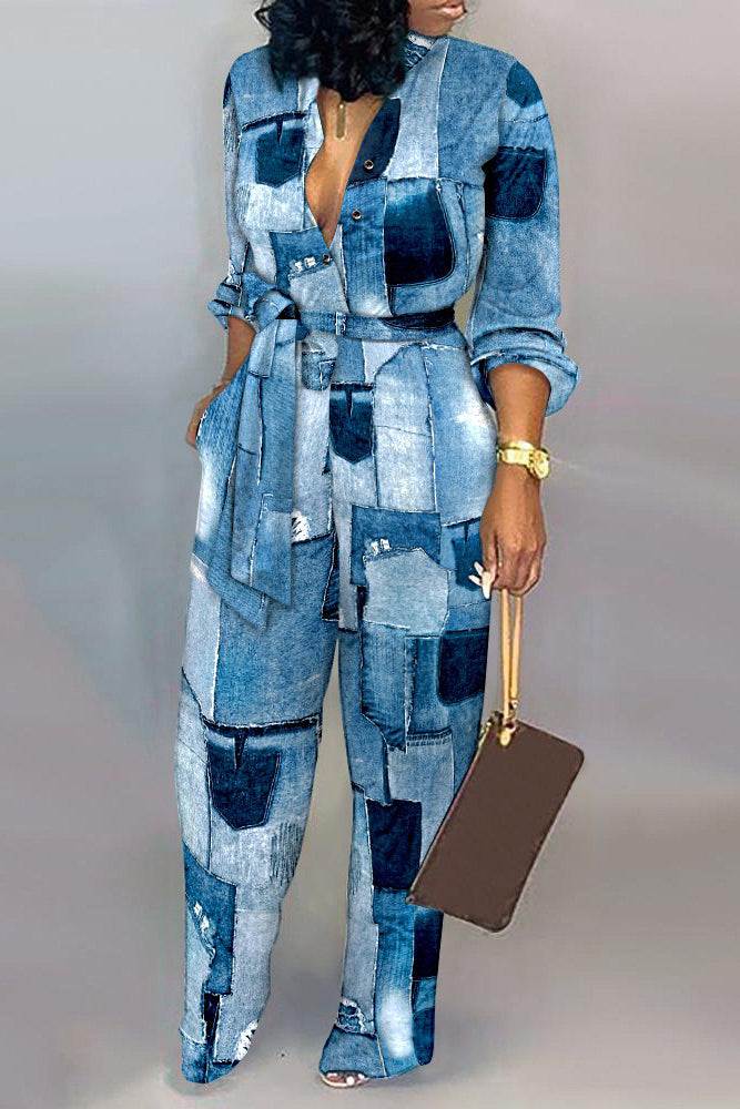 Denim Look Print Long Sleeve Belted Jumpsuit