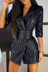 Colorblock Glitter PU Leather Blazer Dress