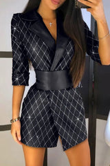 Colorblock Glitter PU Leather Blazer Dress