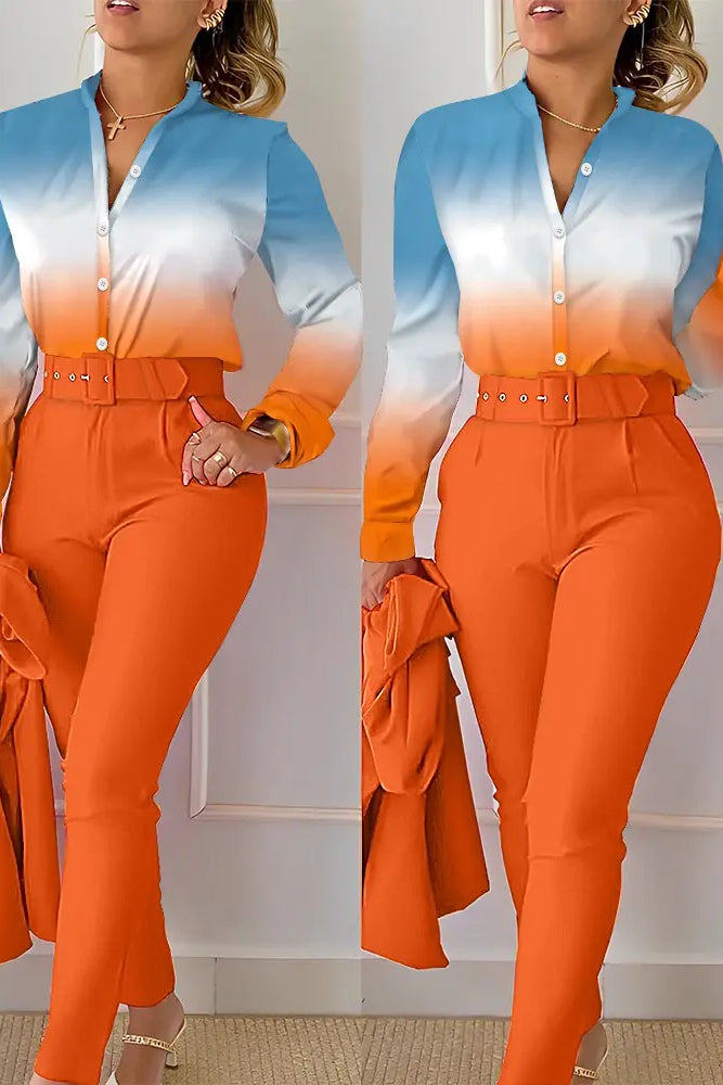 Ombre Buttoned Shirt & High Waist Pants Set