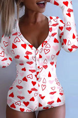 Valentine's Day Heart Print Button Front Adult Onesie