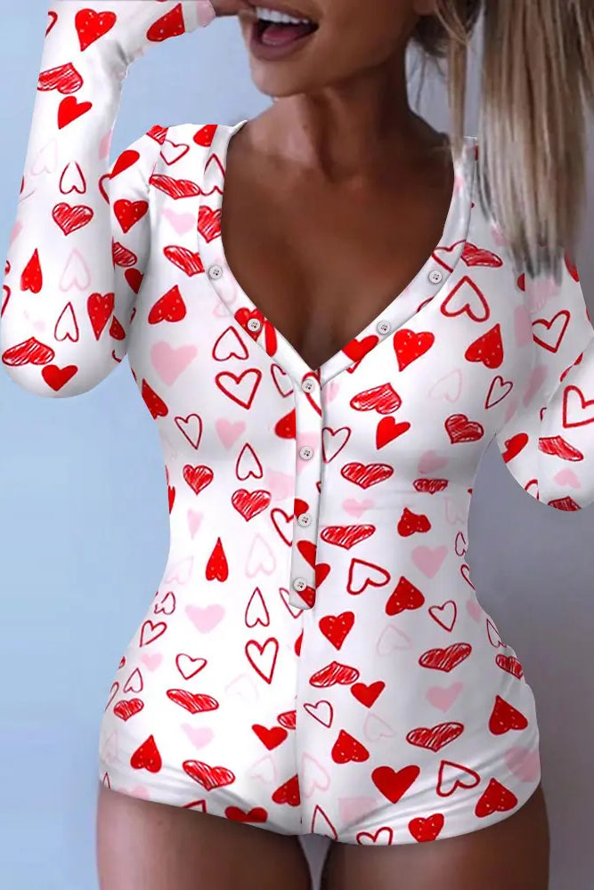 Valentine's Day Heart Print Button Front Adult Onesie