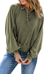 Pink Washed Snap Buttons Lantern Sleeve Pullover Sweatshirt